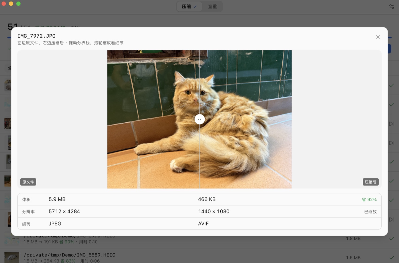压缩前后对比:5.9 MB 的照片压成 466 KB